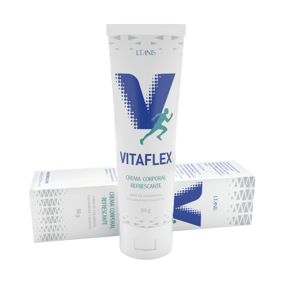 Tubo de Vitaflex junto a su caja, presentación de 50 g